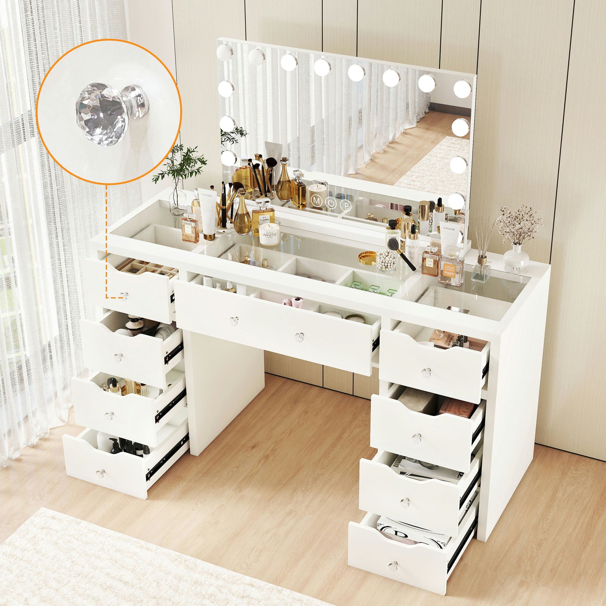 1220mm(L) Melbourne & Sydney Only KL-DS12N WHITE GLASS TOP MAKE-UP DRESSER TABLE WITH LED MIRROR WITH 9 DRAWERS KL-DS11N (Flat Packed) (NO STOOL)