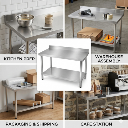 (Brisbane Only) 304 Stainless Steel Workbench 1000x600x900mm With Splashback 2-Tier