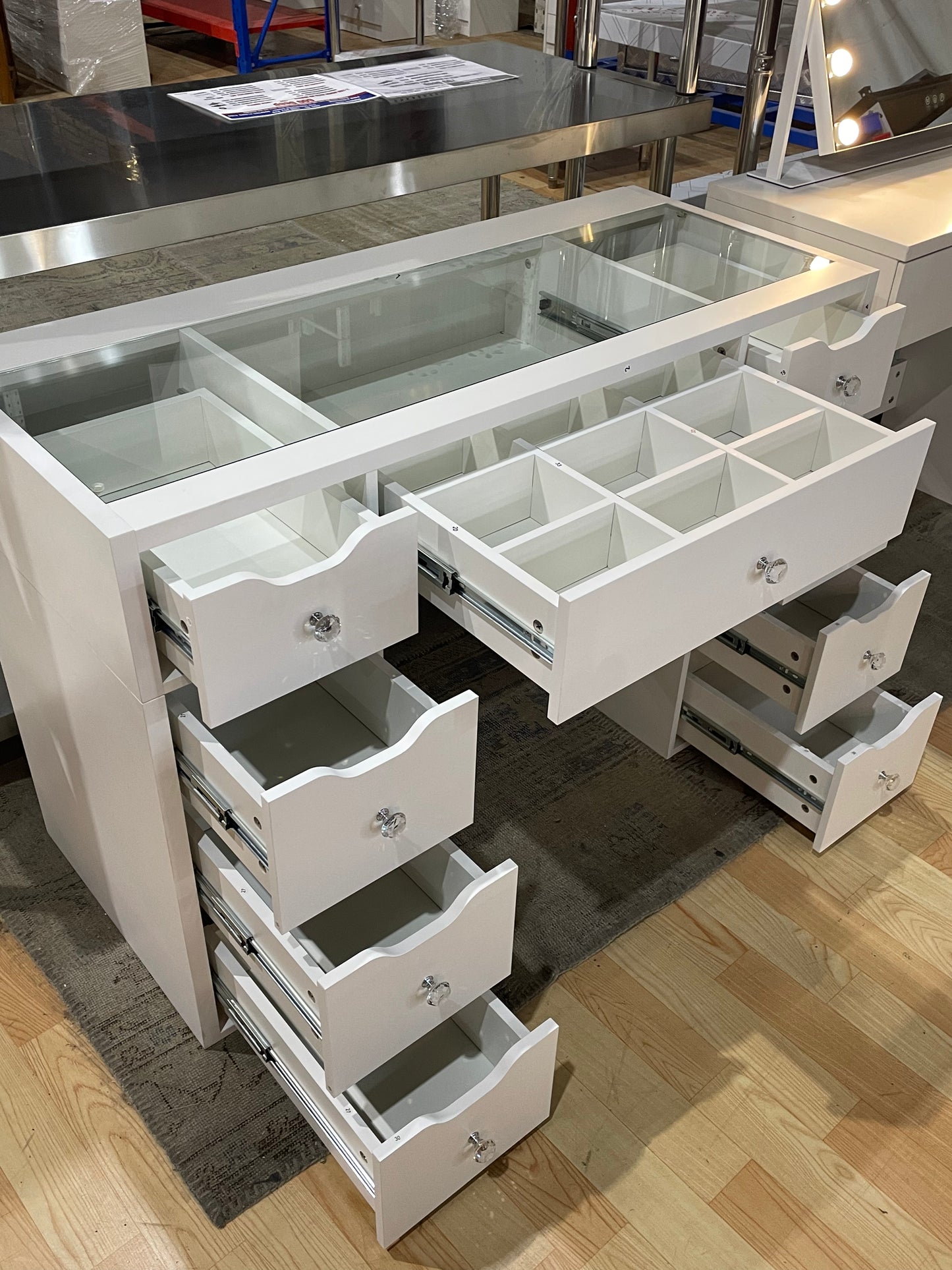 1200mm White Glass Top Makeup Vanity Table with 9 Drawers, 1200mm