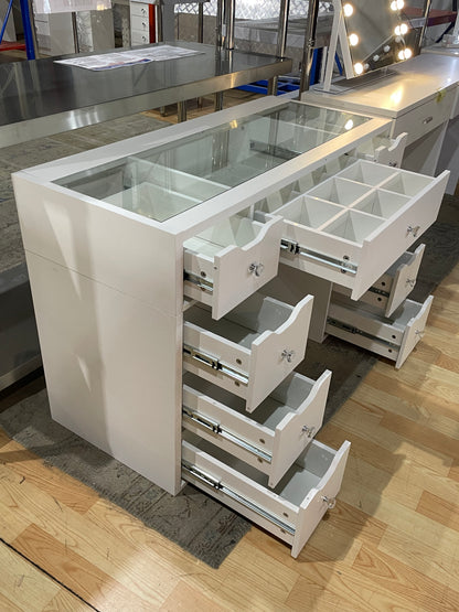 1200mm White Glass Top Makeup Vanity Table with 9 Drawers, 1200mm