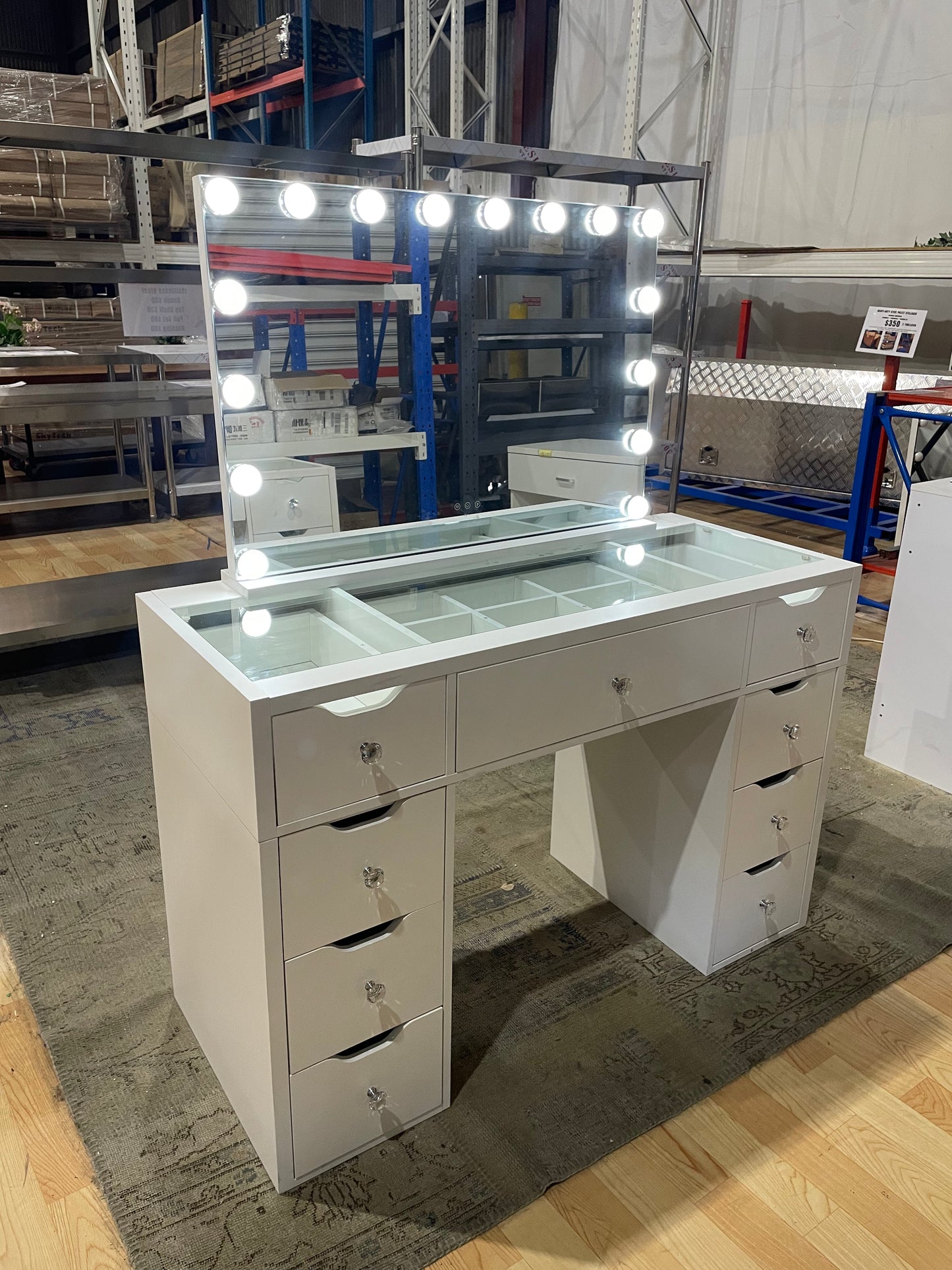 1200mm (with stool) White Glass Top Vanity Dressing Table with LED Mirror and 9 Drawers