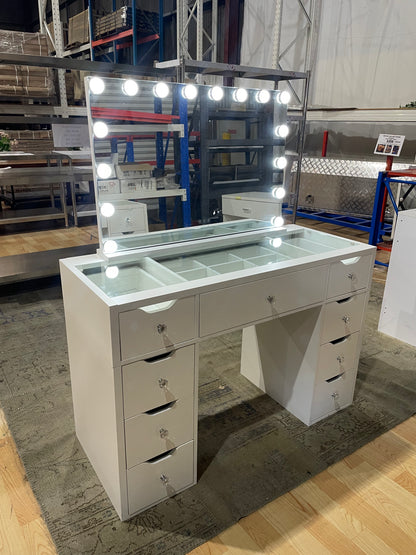 1200mm (with stool) White Glass Top Vanity Dressing Table with LED Mirror and 9 Drawers