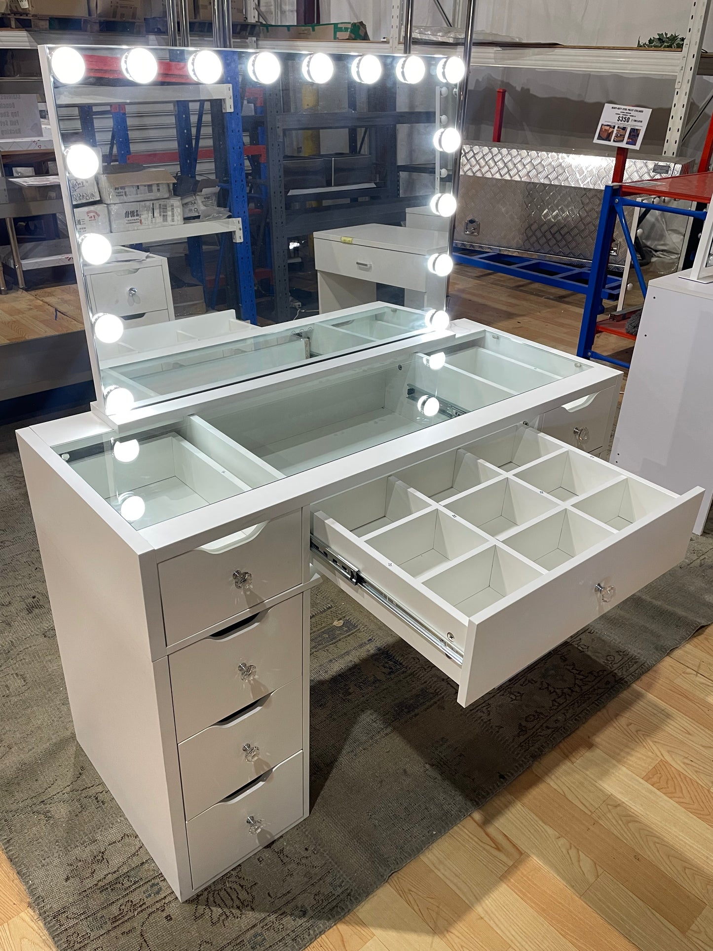 1200mm (with stool) White Glass Top Vanity Dressing Table with LED Mirror and 9 Drawers