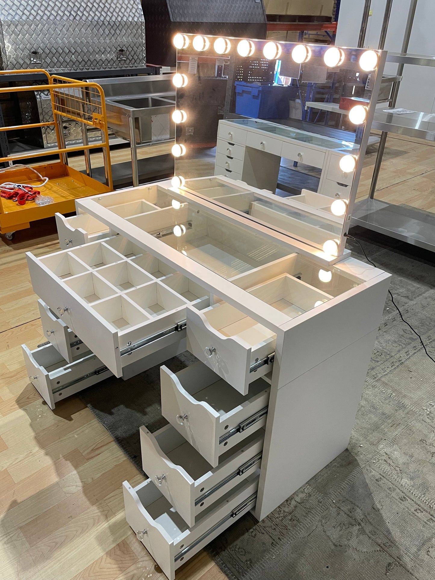 1200mm (with stool) White Glass Top Vanity Dressing Table with LED Mirror and 9 Drawers