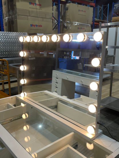 1200mm (with stool) White Glass Top Vanity Dressing Table with LED Mirror and 9 Drawers