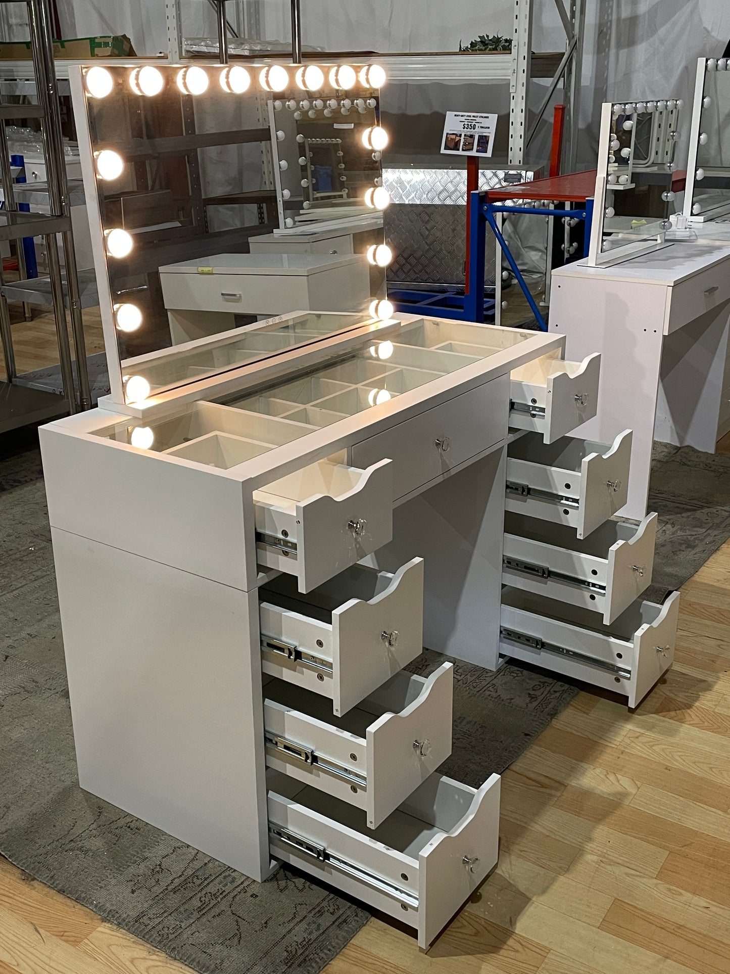 1200mm (with stool) White Glass Top Vanity Dressing Table with LED Mirror and 9 Drawers