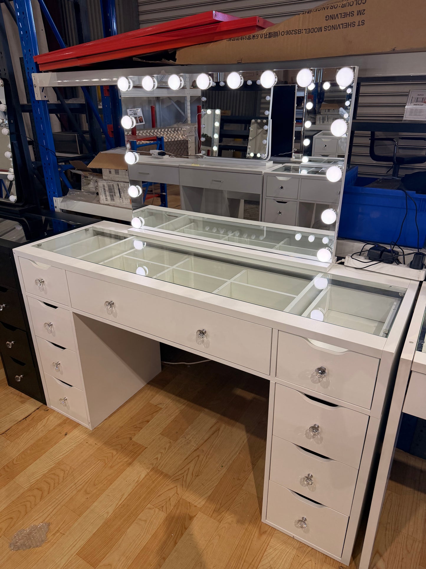 1430mm (with stool) White Glass Top Vanity Dresser with LED Mirror and 9 Drawers, 1430mm