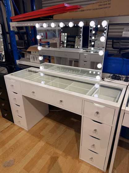 1430mm (with stool) White Glass Top Vanity Dresser with LED Mirror and 9 Drawers, 1430mm