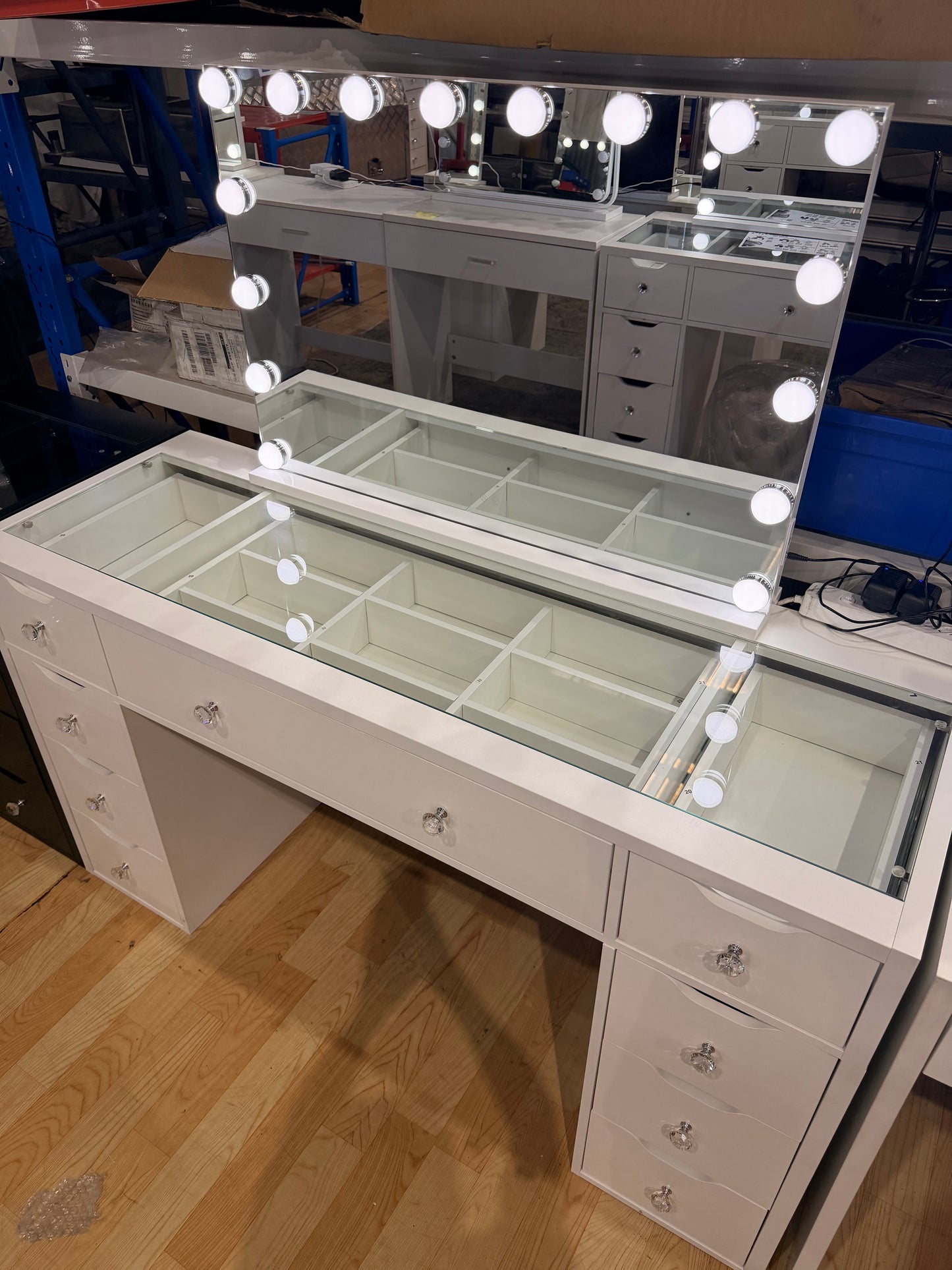 1430mm (with stool) White Glass Top Vanity Dresser with LED Mirror and 9 Drawers, 1430mm