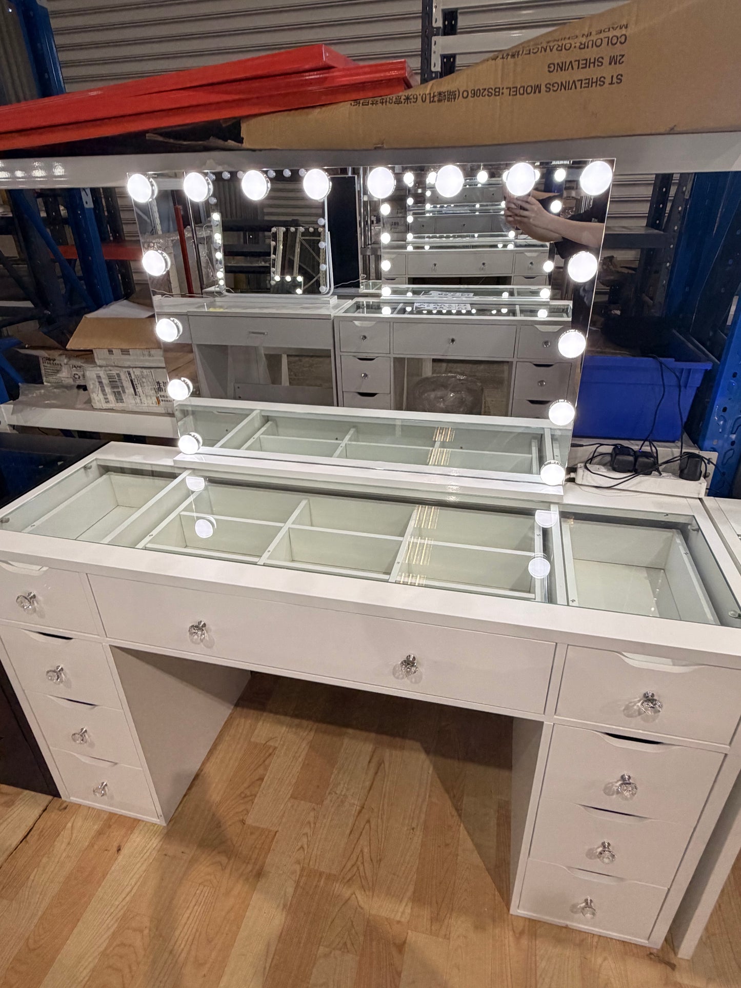 1430mm (with stool) White Glass Top Vanity Dresser with LED Mirror and 9 Drawers, 1430mm