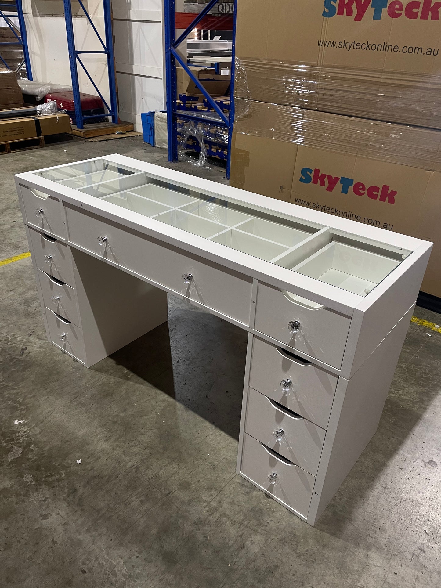 1430mm White Glass Top Vanity Table with 9 Drawers — KL-DS11N