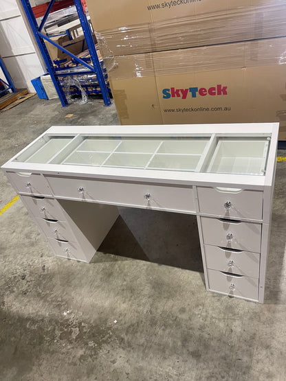 1430mm White Glass Top Vanity Table with 9 Drawers — KL-DS11N
