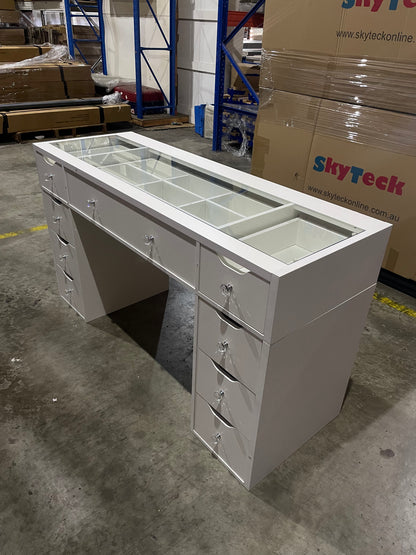 1430mm White Glass Top Vanity Table with 9 Drawers — KL-DS11N