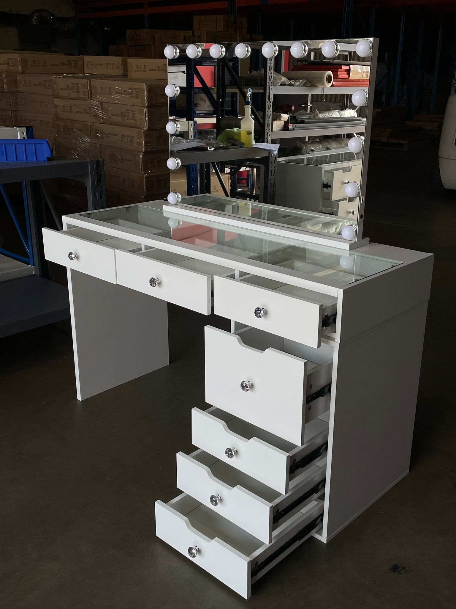 (Brisbane Pick Up Only) WHITE MAKE-UP DRESSER TABLE WITH LED MIRROR WITH 7 DRAWERS WITH LED MIRROR KL-DS10N (NO STOOL)