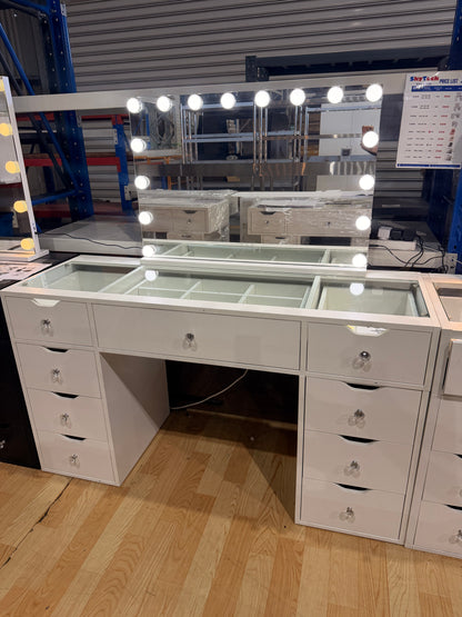 1430mm (with stool) White Glass Top Vanity Dresser with LED Mirror and 9 Drawers, 1430mm