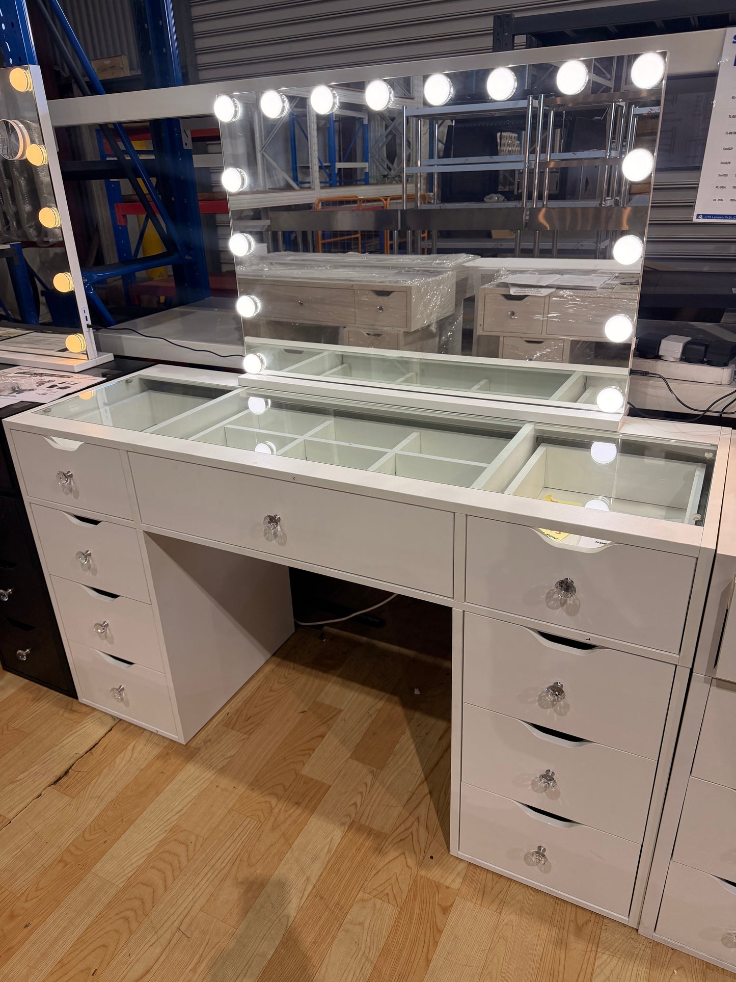 1430mm (with stool) White Glass Top Vanity Dresser with LED Mirror and 9 Drawers, 1430mm