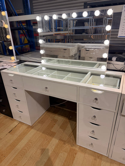 1430mm (with stool) White Glass Top Vanity Dresser with LED Mirror and 9 Drawers, 1430mm