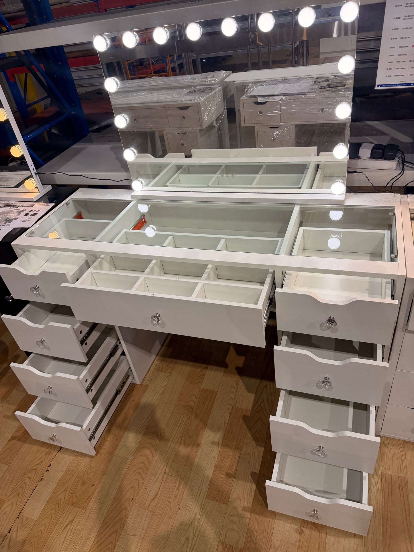 1430mm (with stool) White Glass Top Vanity Dresser with LED Mirror and 9 Drawers, 1430mm