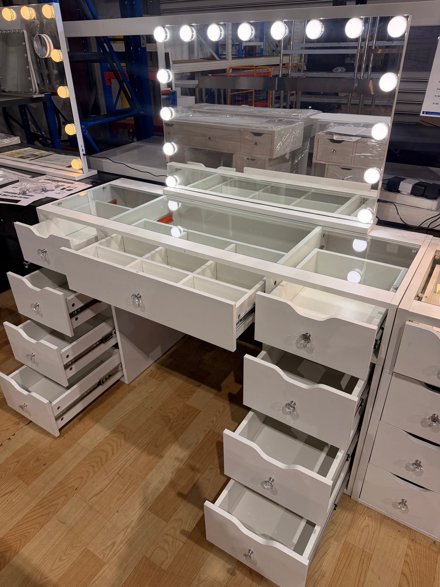 1430mm (with stool) White Glass Top Vanity Dresser with LED Mirror and 9 Drawers, 1430mm