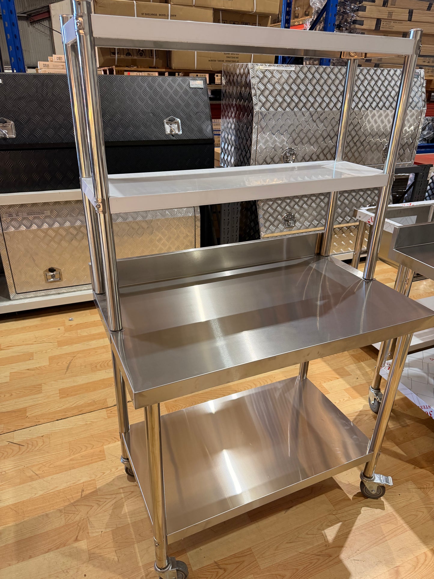 Stainless Steel Work Bench 1000MM W x 600MM D with splashback & bench top shelf 2 tier combo