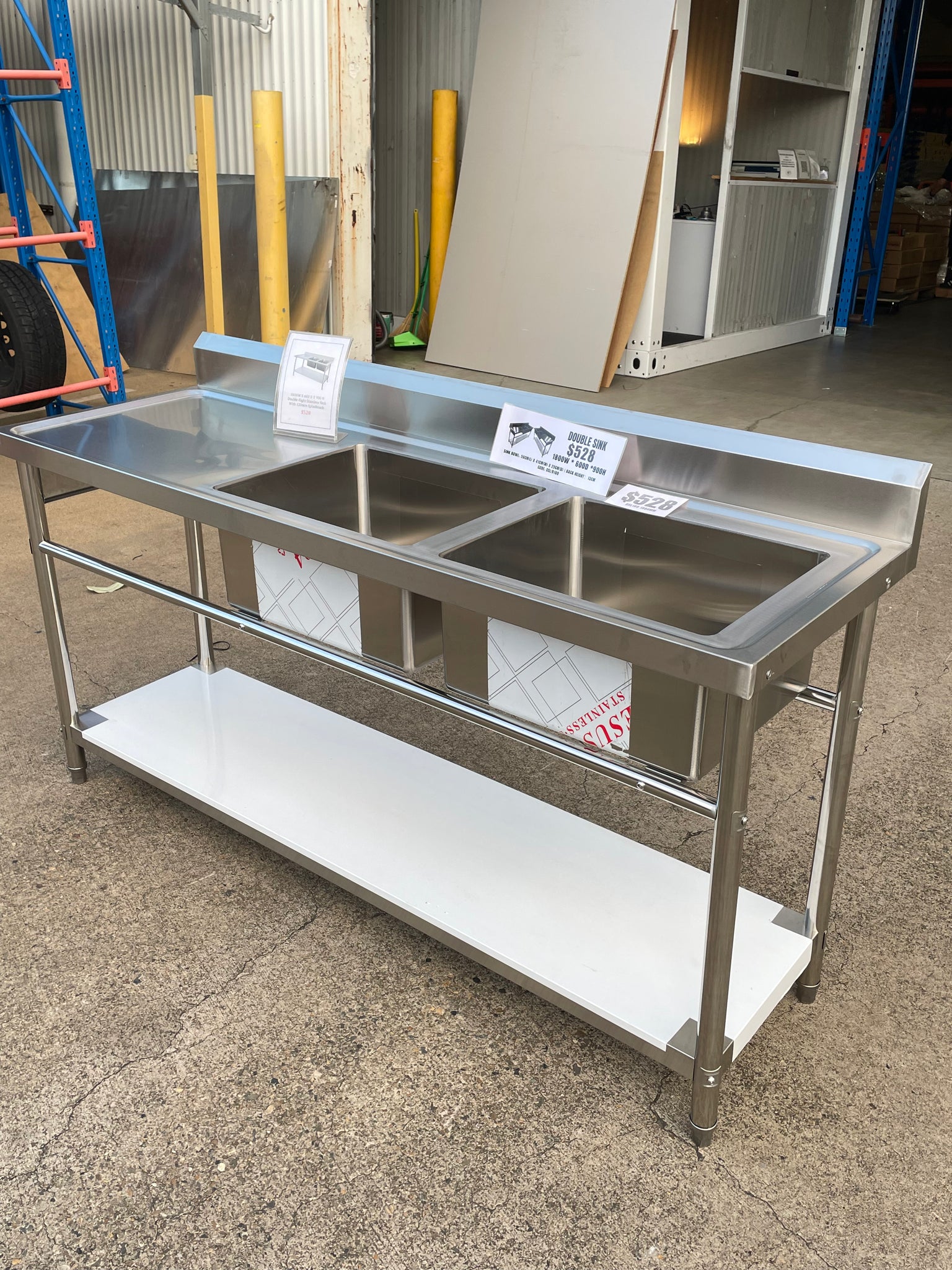 1800W X 600 D X 900 H Double Right Stainless Steel Commerical Kitchen Sink With 120mm Splashback