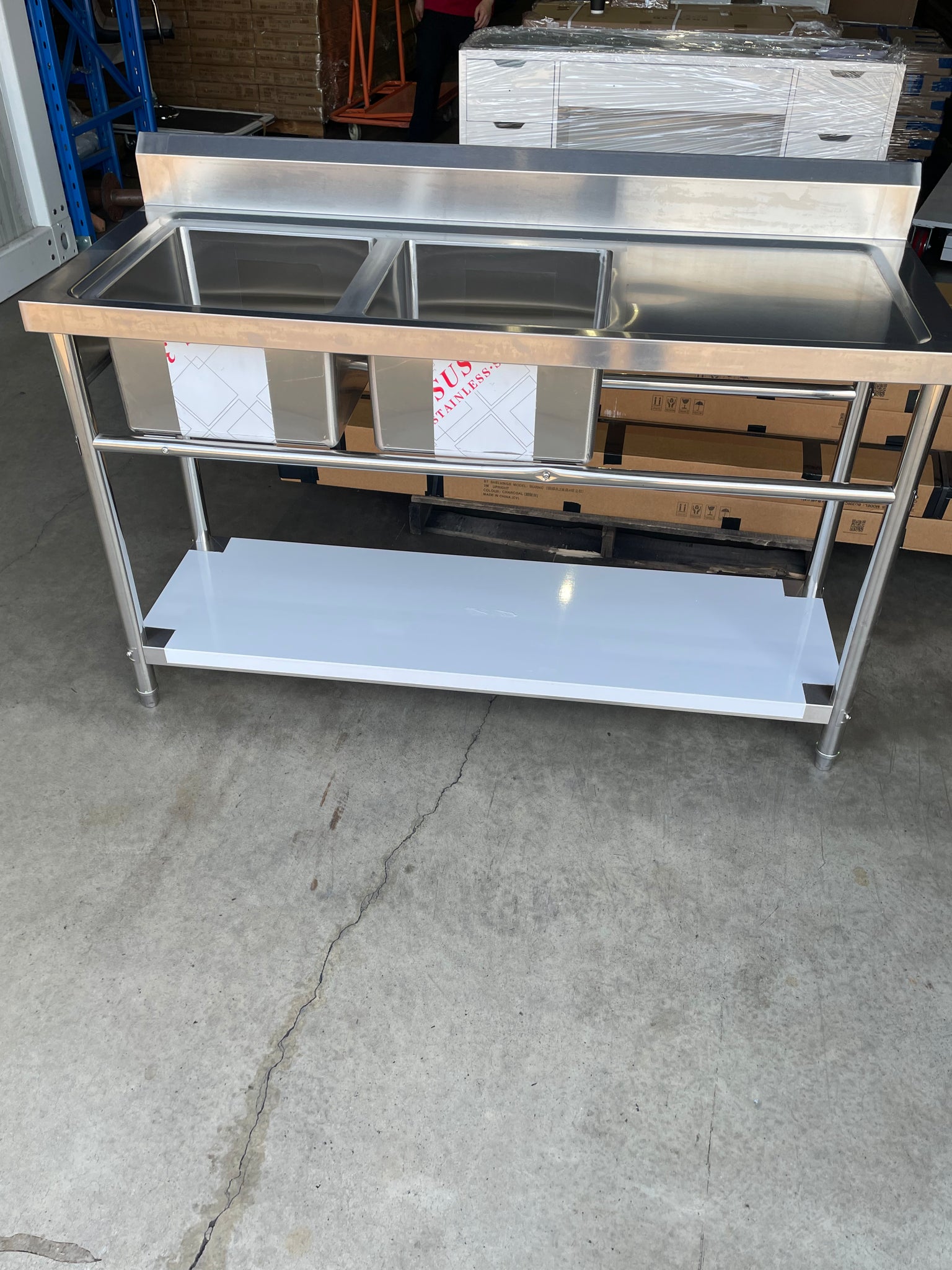 (BRISBANE ONLY) 1500mmW X 600mm D X 900mm H Double Stainless Steel Commerical Kitchen Sink With 120mm Splashback