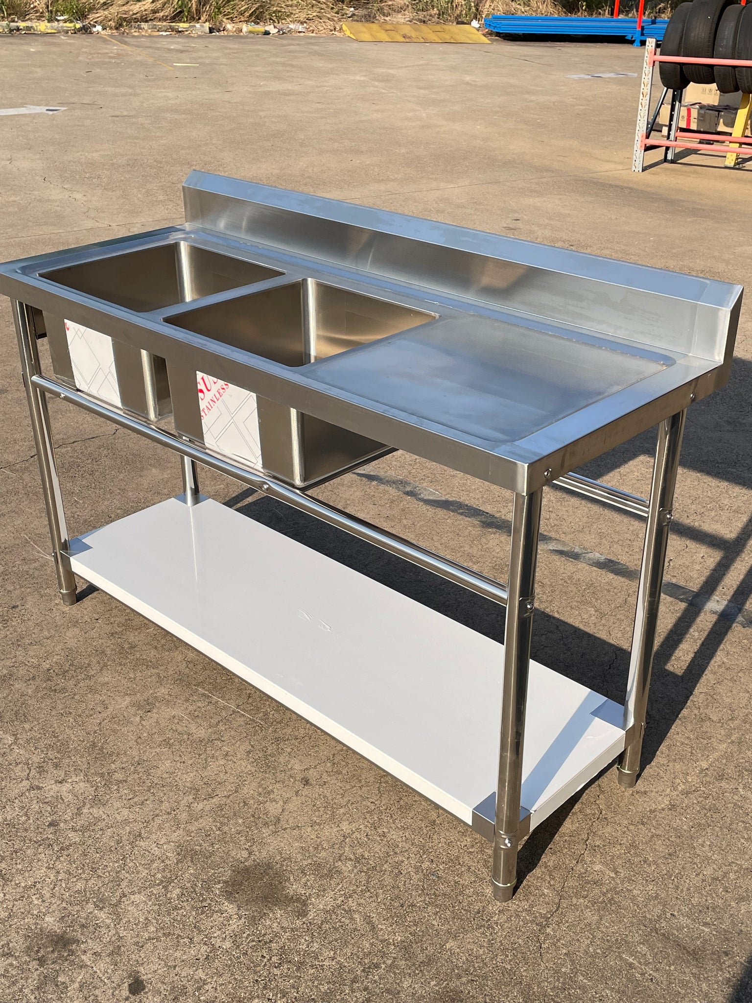 (BRISBANE ONLY) 1500mmW X 600mm D X 900mm H Double Stainless Steel Commerical Kitchen Sink With 120mm Splashback
