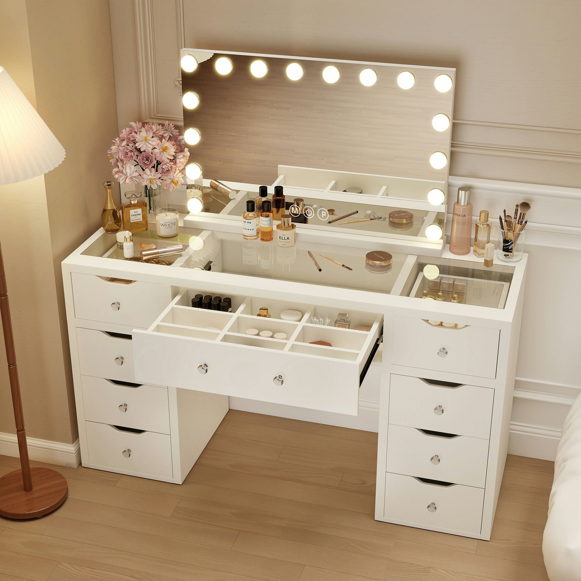 1220mm(L) Melbourne & Sydney Only KL-DS12N WHITE GLASS TOP MAKE-UP DRESSER TABLE WITH LED MIRROR WITH 9 DRAWERS KL-DS11N (Flat Packed) (NO STOOL)