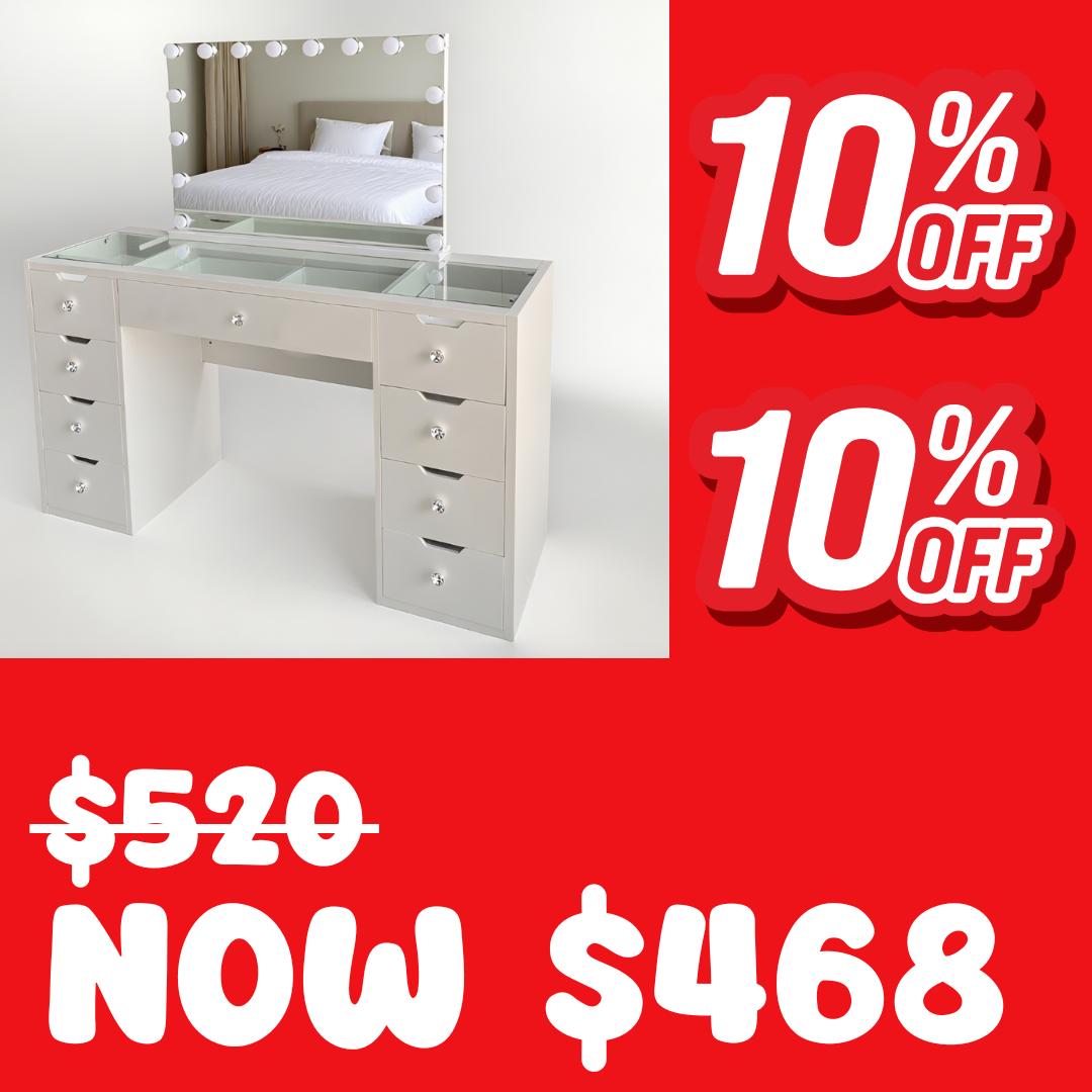 1200mm(L) KL-DS12N WHITE GLASS TOP MAKE-UP DRESSER TABLE WITH LED MIRROR WITH 9 DRAWERS KL-DS11N (Flat Packed) (NO STOOL)