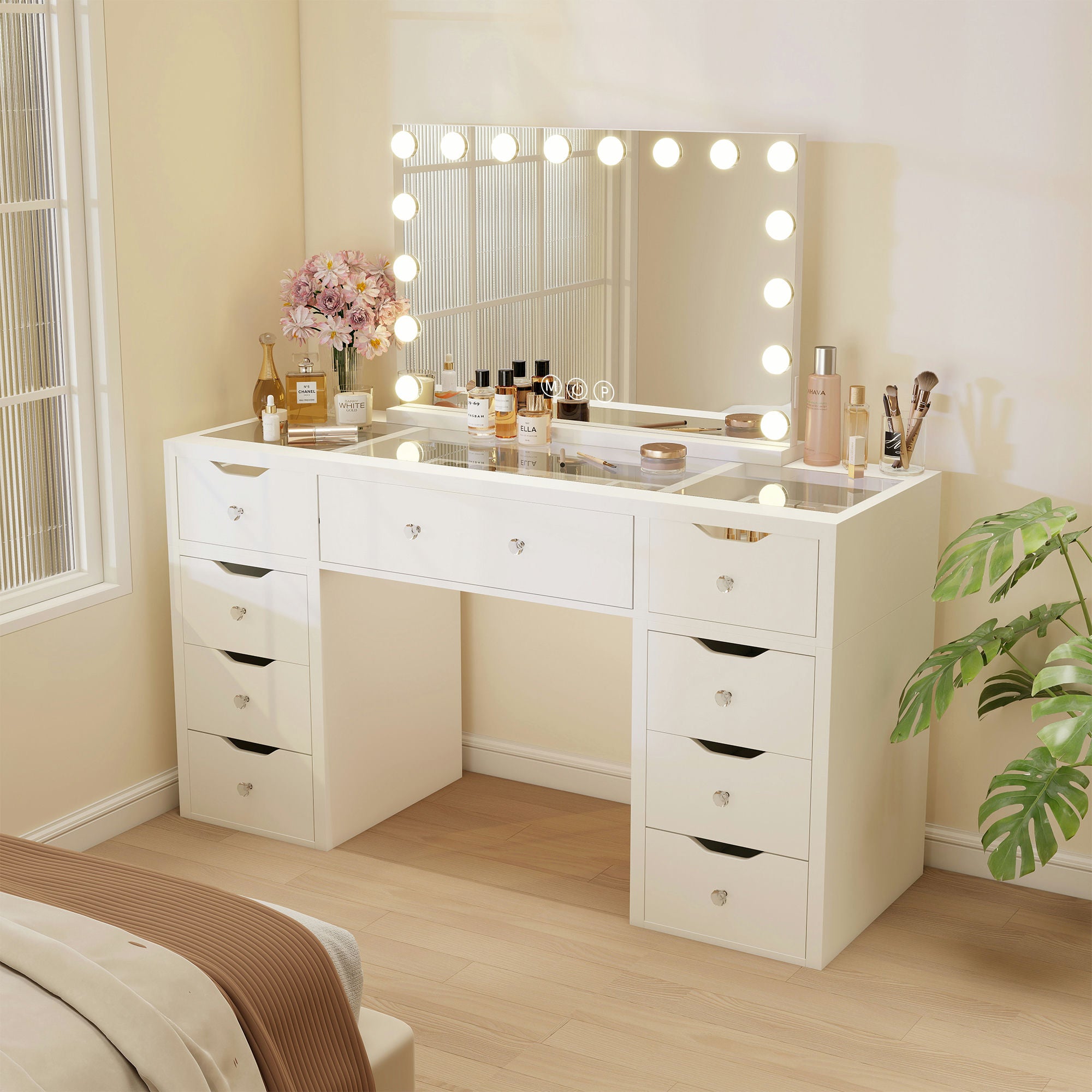 1220mm(L) Melbourne & Sydney Only KL-DS12N WHITE GLASS TOP MAKE-UP DRESSER TABLE WITH LED MIRROR WITH 9 DRAWERS KL-DS11N (Flat Packed) (NO STOOL)