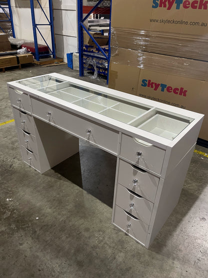 1430mm (with stool) White Glass Top Vanity Dresser with LED Mirror and 9 Drawers, 1430mm