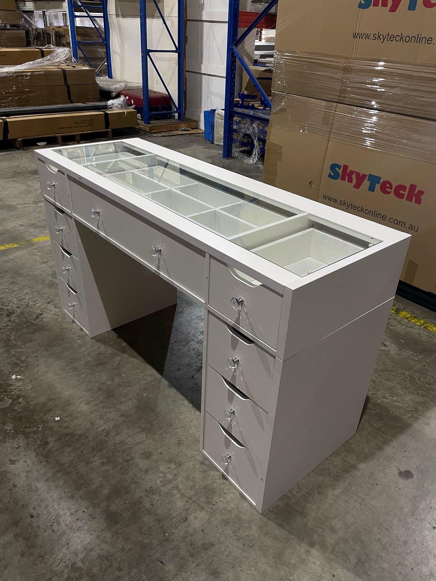 1430mm (with stool) White Glass Top Vanity Dresser with LED Mirror and 9 Drawers, 1430mm