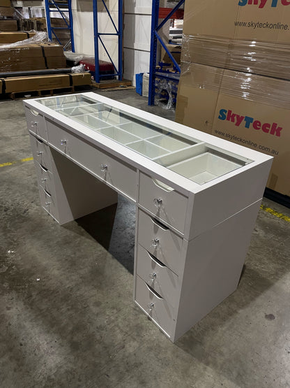 1430mm (with stool) White Glass Top Vanity Dresser with LED Mirror and 9 Drawers, 1430mm