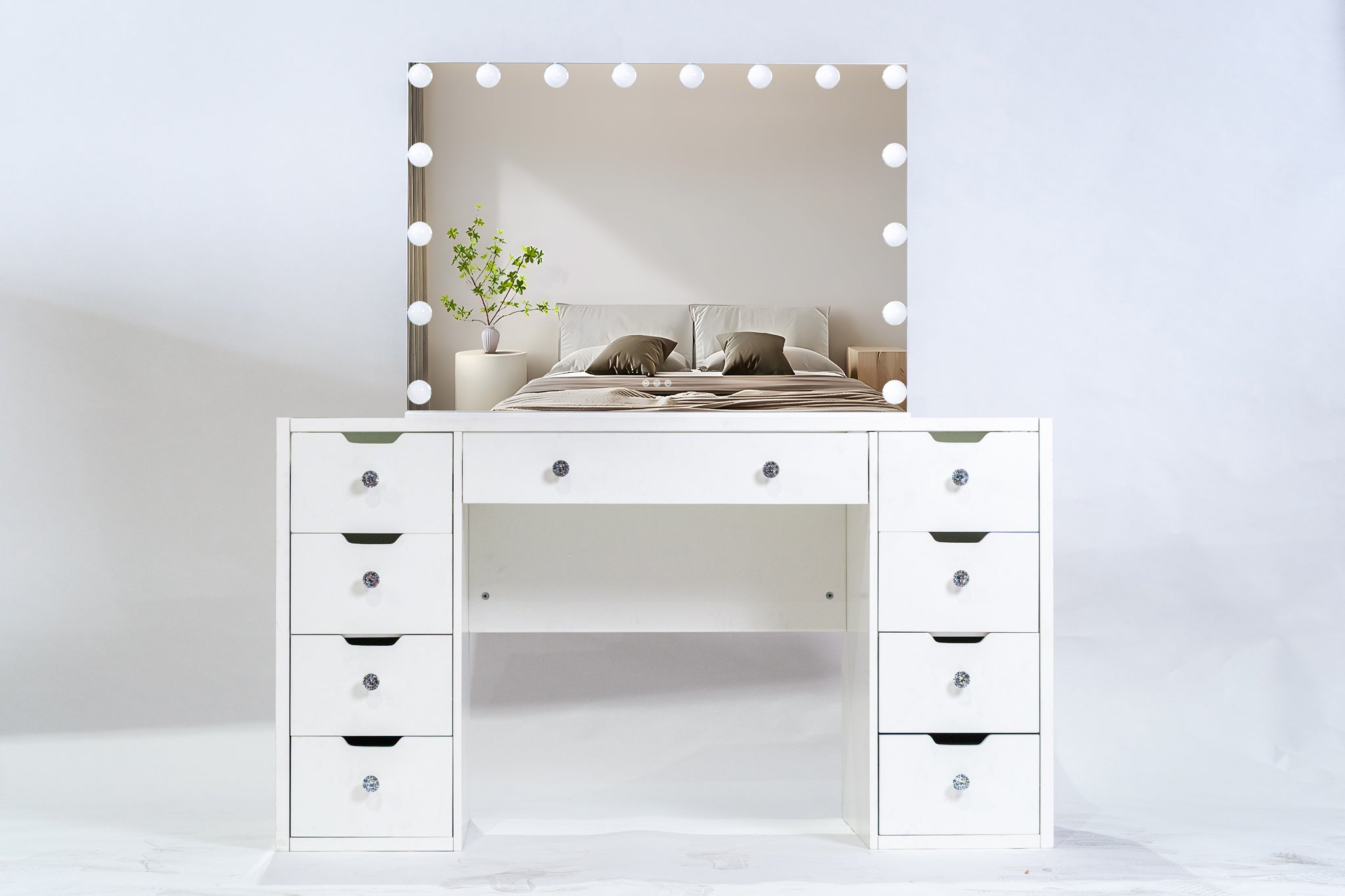 KL-DS11N  (Pick Up Only) WHITE GLASS TOP MAKE-UP DRESSER TABLE WITH LED MIRROR WITH 9 DRAWERS KL-DS11N (NO STOOL)