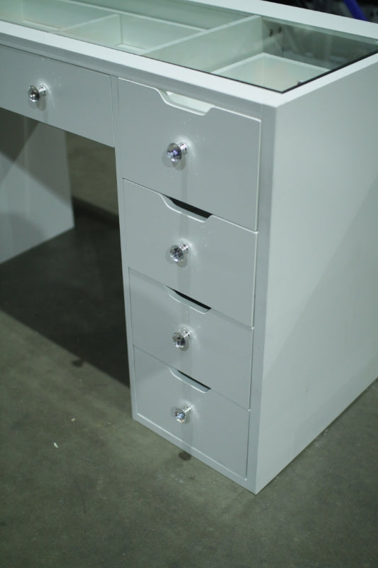 KL-DS11N TB（Brisbane Pick Up)  WHITE GLASS TOP MAKE-UP DRESSER TABLE WITH 9 DRAWERS KL-DS11N (NO STOOL)