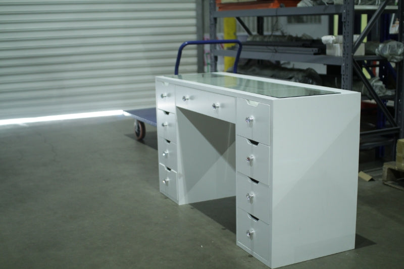 KL-DS11N TB（Brisbane Pick Up)  WHITE GLASS TOP MAKE-UP DRESSER TABLE WITH 9 DRAWERS KL-DS11N (NO STOOL)