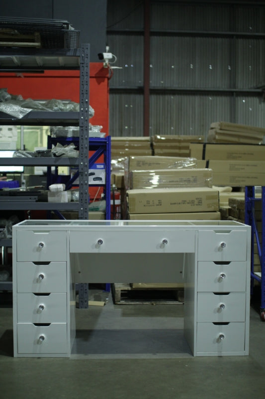 KL-DS11N TB（Brisbane Pick Up)  WHITE GLASS TOP MAKE-UP DRESSER TABLE WITH 9 DRAWERS KL-DS11N (NO STOOL)