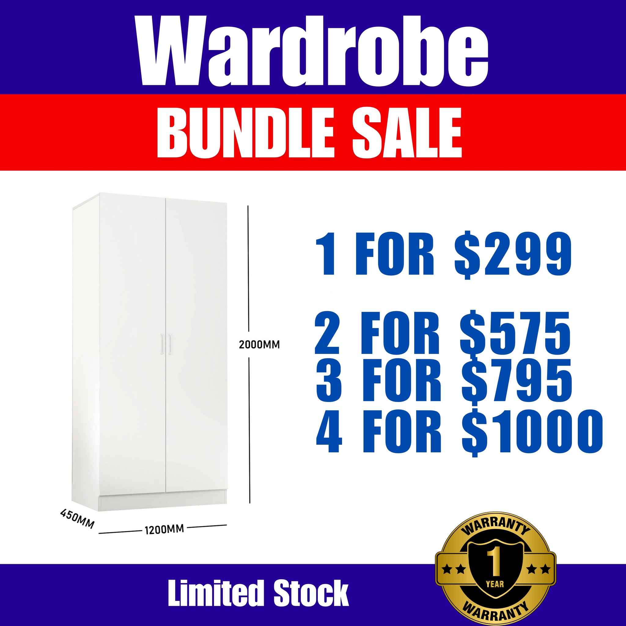 (Briabane & Melboune Only) White 5 tier Storage Wardorbe Cabinet with shelves 1200mm (L) x 2000mm (H) x 450mm (D)