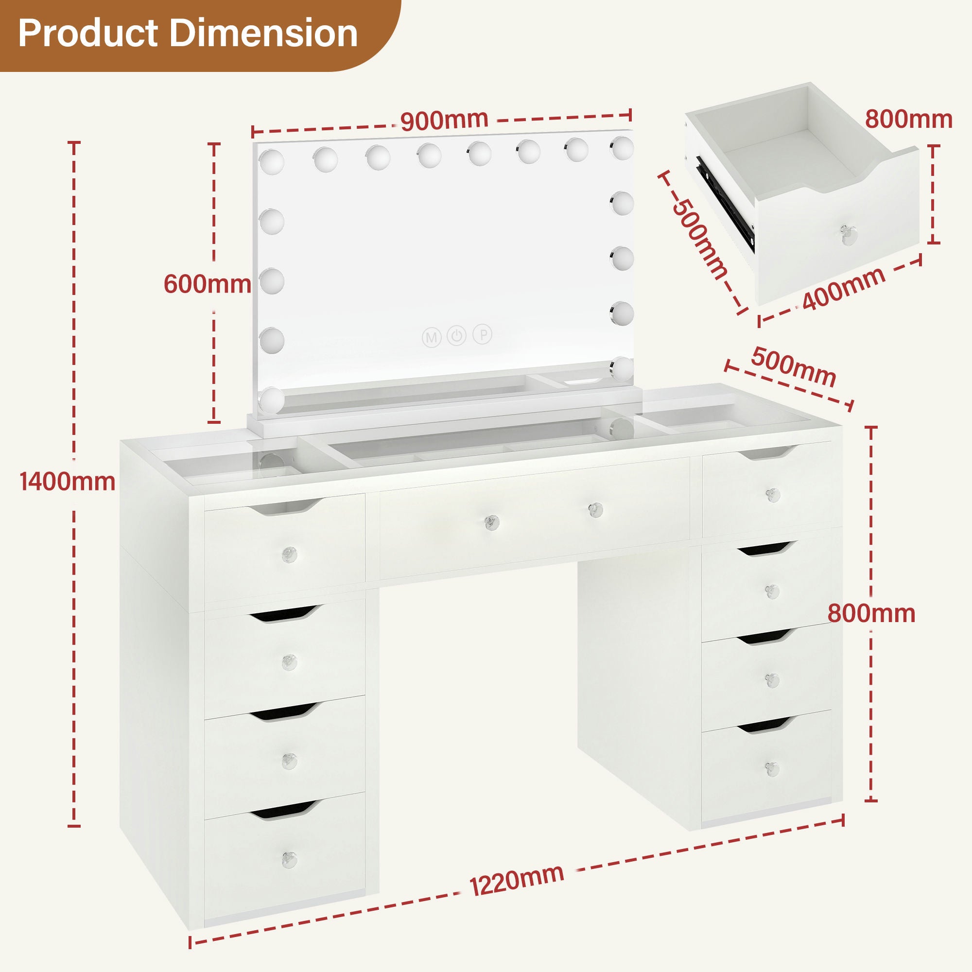 1220mm(L) Melbourne & Sydney Only KL-DS12N WHITE GLASS TOP MAKE-UP DRESSER TABLE WITH LED MIRROR WITH 9 DRAWERS KL-DS11N (Flat Packed) (NO STOOL)