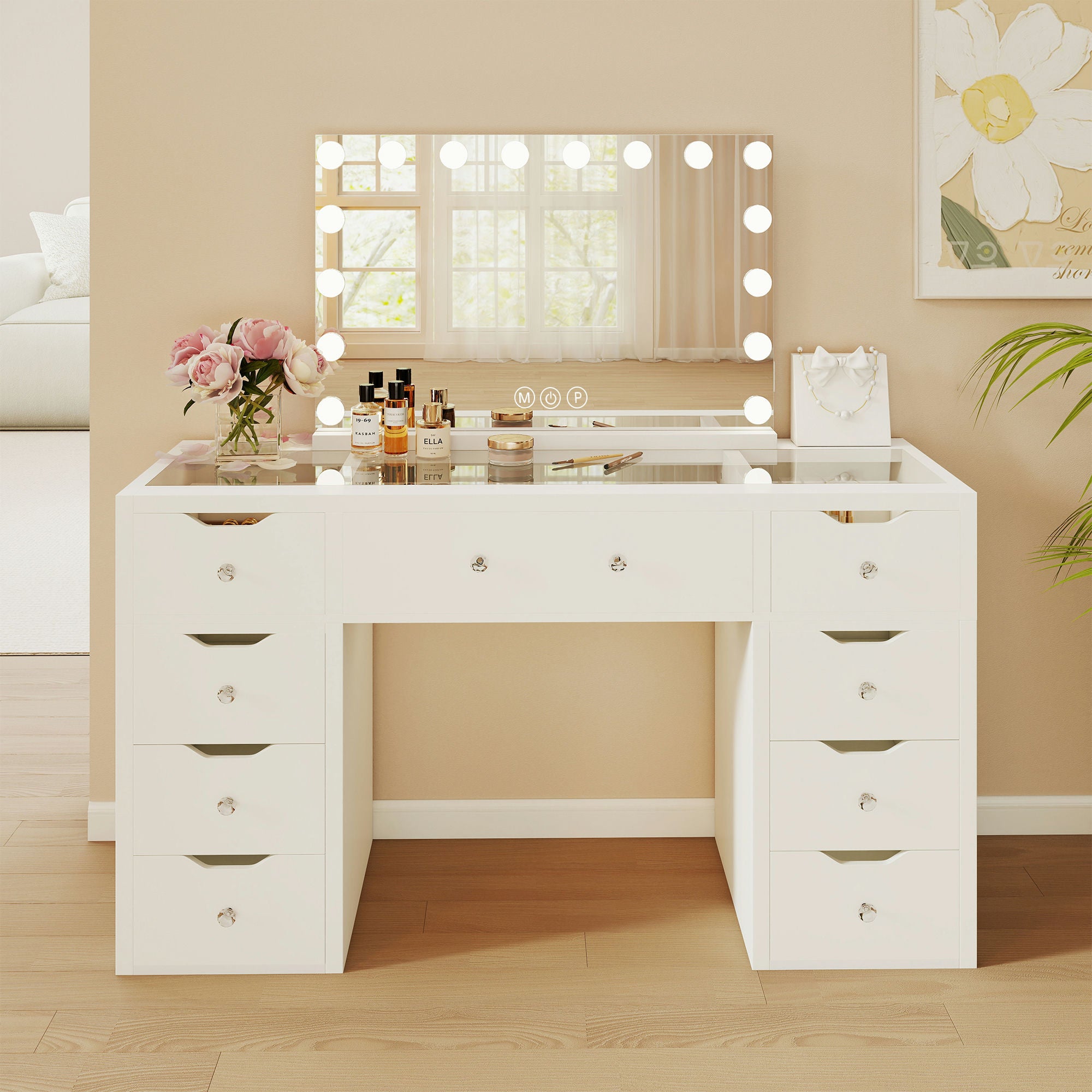 1220mm(L) Melbourne & Sydney Only KL-DS12N WHITE GLASS TOP MAKE-UP DRESSER TABLE WITH LED MIRROR WITH 9 DRAWERS KL-DS11N (Flat Packed) (NO STOOL)