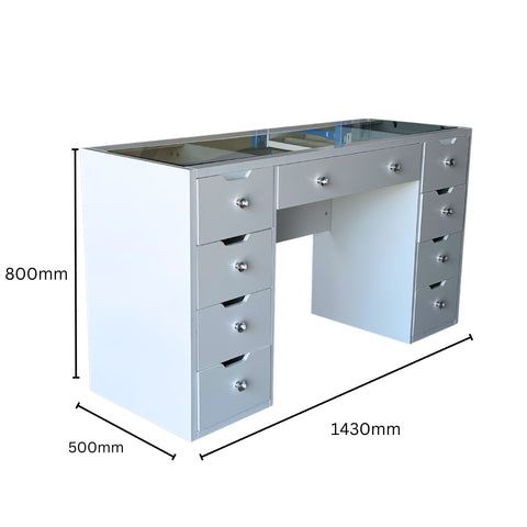 KL-DS11N TB（Brisbane Pick Up)  WHITE GLASS TOP MAKE-UP DRESSER TABLE WITH 9 DRAWERS KL-DS11N (NO STOOL)