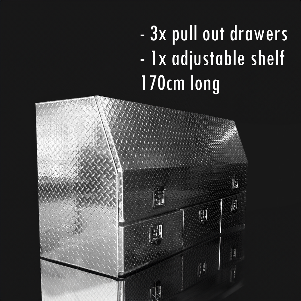 (Half Open) 170cm(L) x 60cm(D) x 80cm(H) Aluminum Checkerplate Tool Box for UTE & Trailer Storage (3 Drawers + Adjustable Shelf) (Sliver)