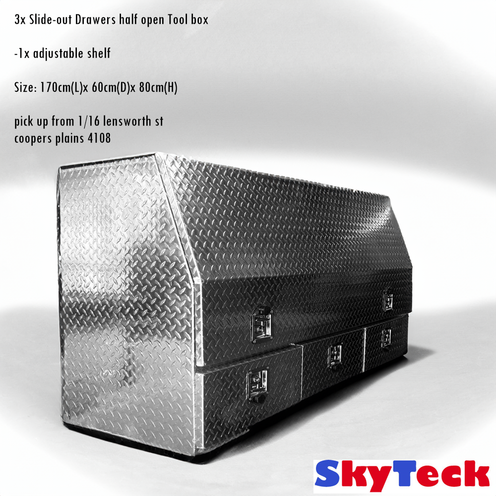 (Half Open) 170cm(L) x 60cm(D) x 80cm(H) Aluminum Checkerplate Tool Box for UTE & Trailer Storage (3 Drawers + Adjustable Shelf) (Sliver)