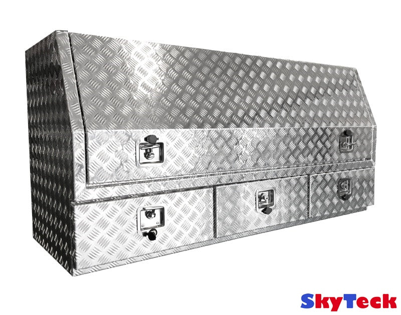 (Half Open) 170cm(L) x 60cm(D) x 80cm(H) Aluminum Checkerplate Tool Box for UTE & Trailer Storage (3 Drawers + Adjustable Shelf) (Sliver)