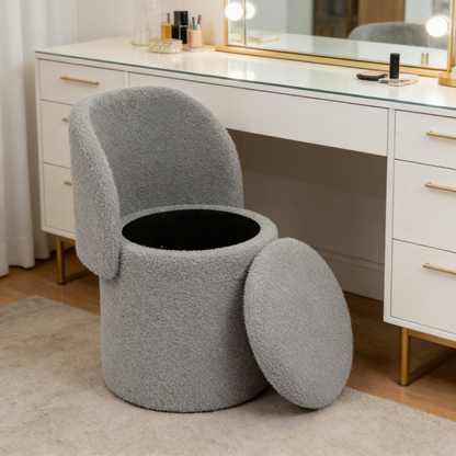 Grey Vanity Stool with Storage | Foldable Ottoman Chair with Backrest for Bedroom & Dressing Table