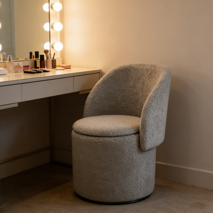 Grey Vanity Stool with Storage | Foldable Ottoman Chair with Backrest for Bedroom & Dressing Table