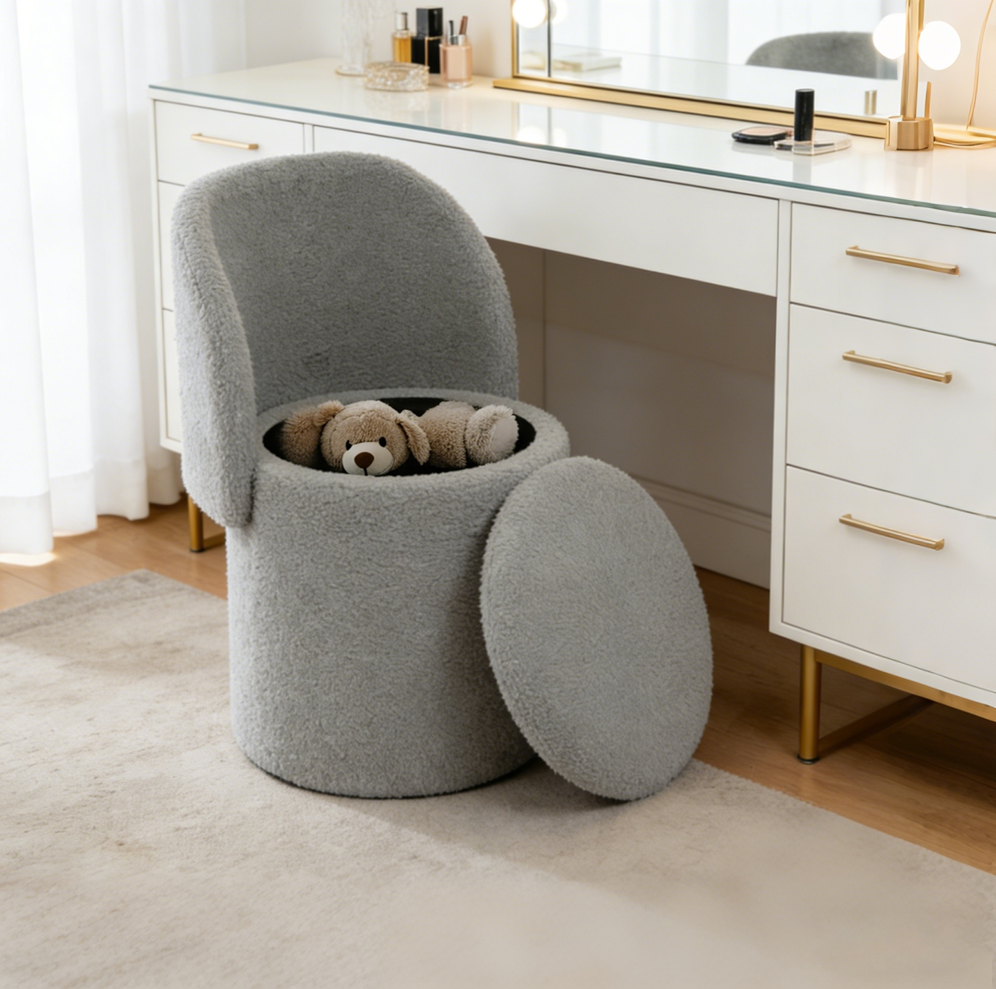 Grey Vanity Stool with Storage | Foldable Ottoman Chair with Backrest for Bedroom & Dressing Table