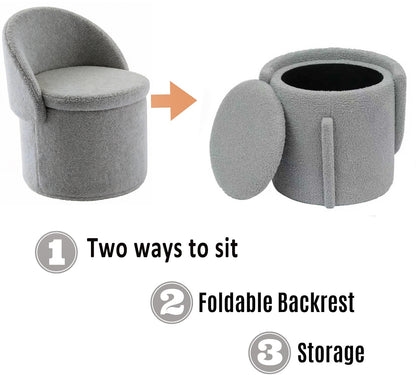 Grey Vanity Stool with Storage | Foldable Ottoman Chair with Backrest for Bedroom & Dressing Table
