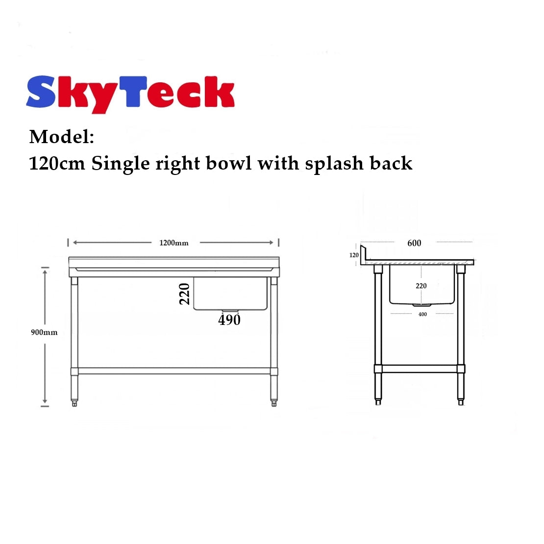 1200W X 600 D X 900 H Single Right Stainless Sink With 120mm Splashback