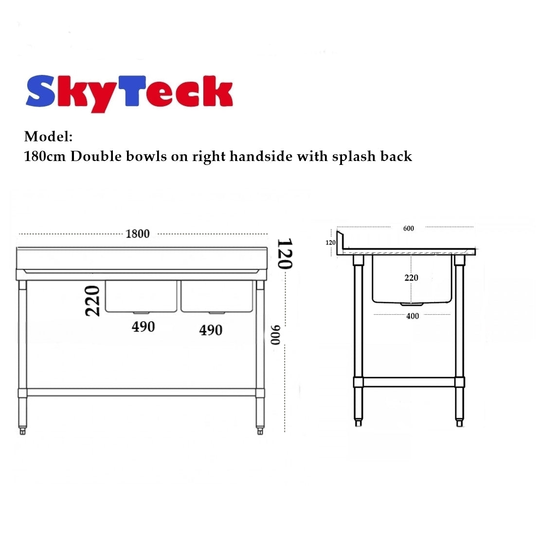 1800W X 600 D X 900 H Double Right Stainless Sink With 120mm Splashback